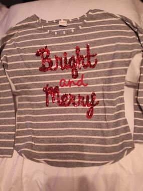 Gymboree Gray & White Stripe Long Sleeve Top with Red Sequin 'Bright and Merry'